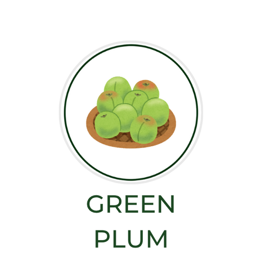White circular icon featuring green plums, with the ingredient name "Green Plum" displayed on the image, alongside the Skin TOGO website.