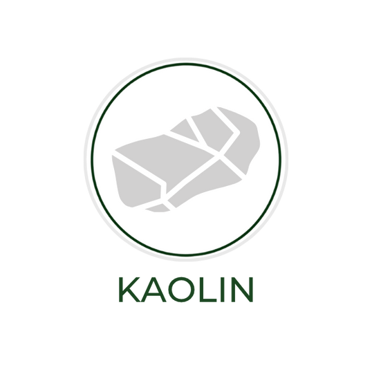 White circular icon featuring kaolin clay, with the ingredient name "Kaolin" displayed on the image.