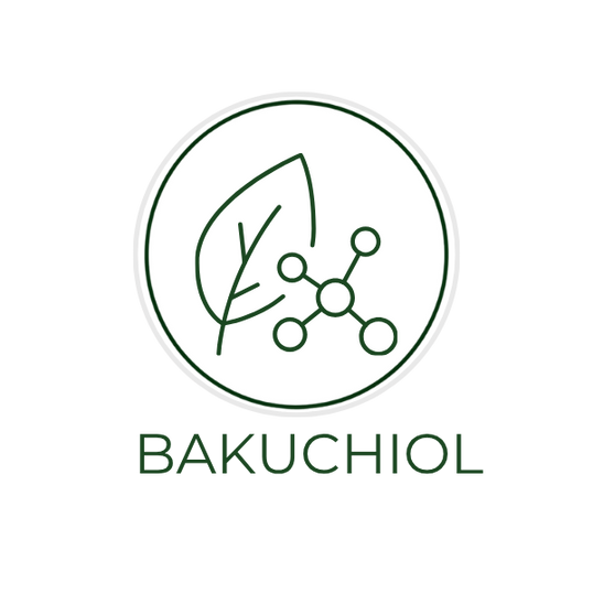 White circular icon featuring bakuchiol plant extract or seeds, with the ingredient name Bakuchiol displayed on the image, alongside the Skin TOGO website.