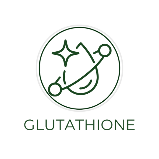 White circular icon featuring a molecular structure illustration, with the ingredient name Glutathione displayed on the image, alongside the Skin TOGO website.
