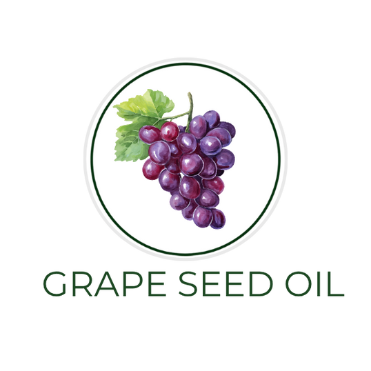 White circular icon featuring grape seeds and oil drops, with the ingredient name Grape Seed Oil displayed on the image, alongside the Skin TOGO website.
