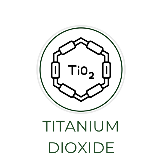 White circular icon featuring mineral particles or a UV protection symbol, with the ingredient name "Titanium Dioxide" displayed on the image, alongside the Skin TOGO website.

