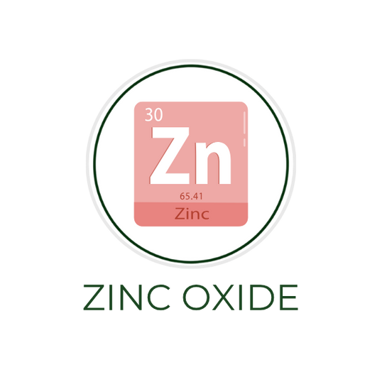 White circular icon featuring a mineral powder or zinc oxide crystal illustration, with the ingredient name "Zinc Oxide" displayed on the image, alongside the Skin TOGO website.
