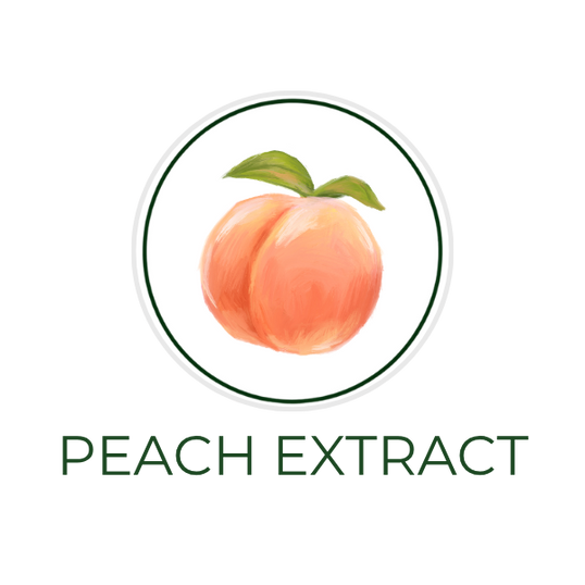 White circular icon featuring peaches, with the ingredient name Peach Extract displayed on the image, alongside the Skin TOGO website.