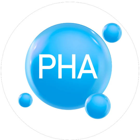 Blue bubbles with 'PHA' text on a white background