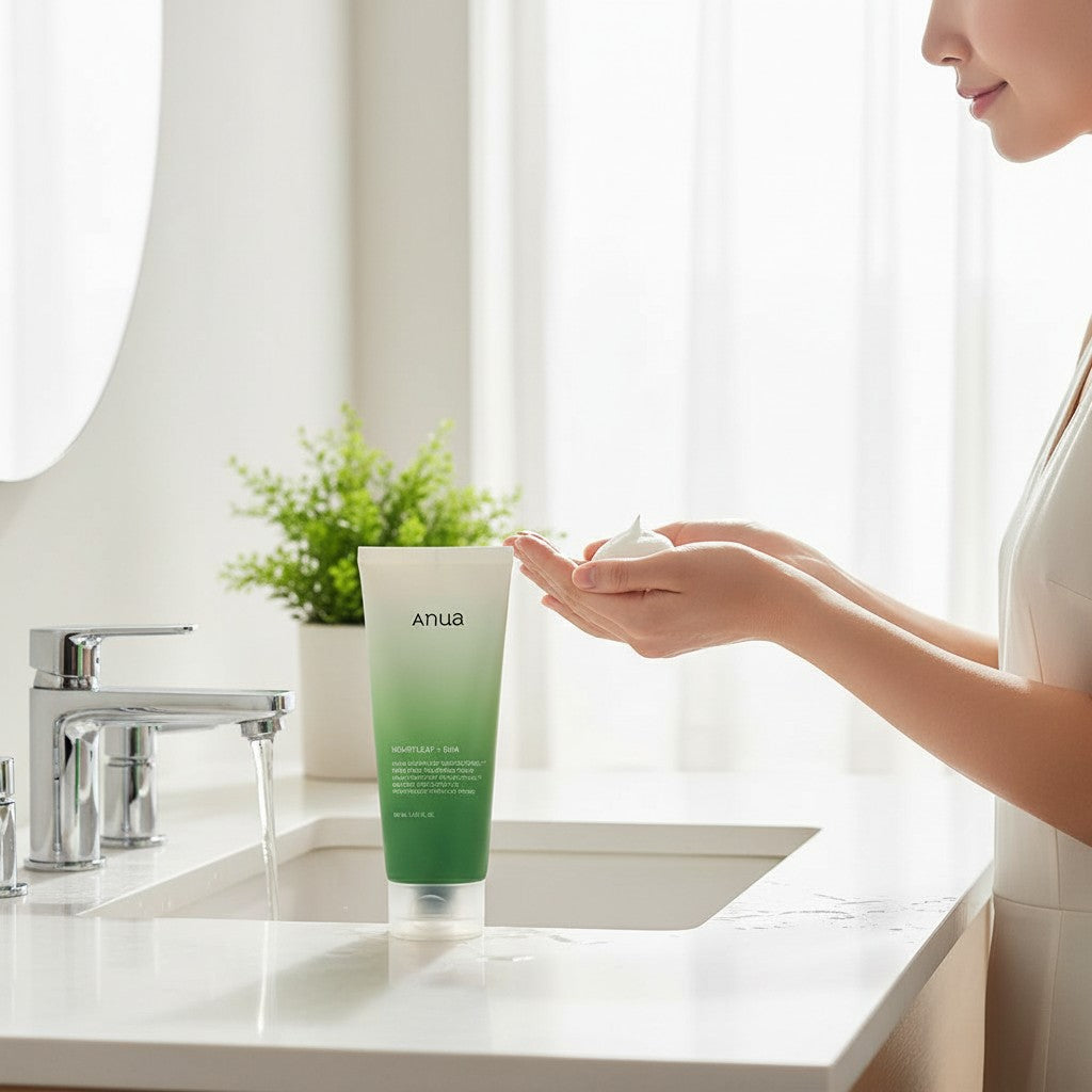 Skin TOGO Anua Heartleaf Quercetinol Moisture Cleansing foam held in hands by a woman in a bright bathroom setting.