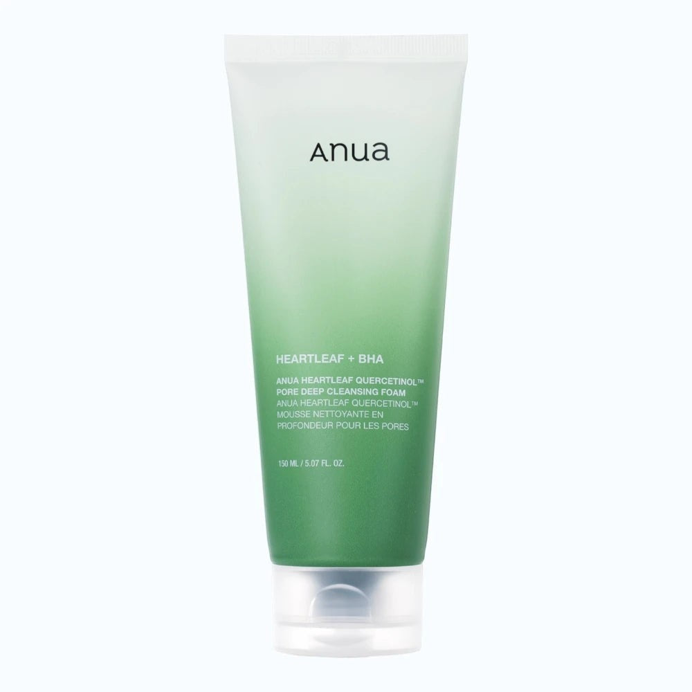 Skin TOGO Anua Heartleaf Quercetinol Moisture Cleansing Foam in a 150ml green gradient tube for sensitive skin.
