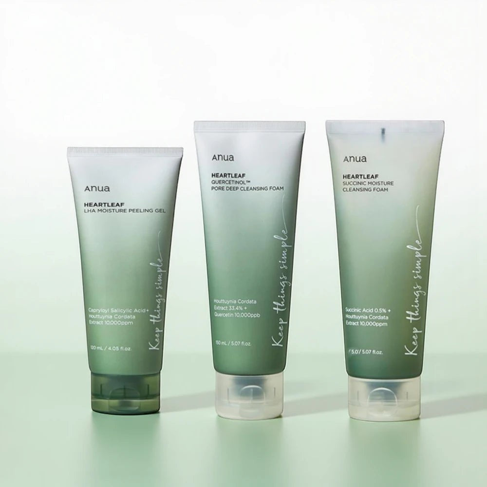 Skin TOGO Anua Heartleaf cleansing foam and peeling gel tubes in a minimalist green gradient design.