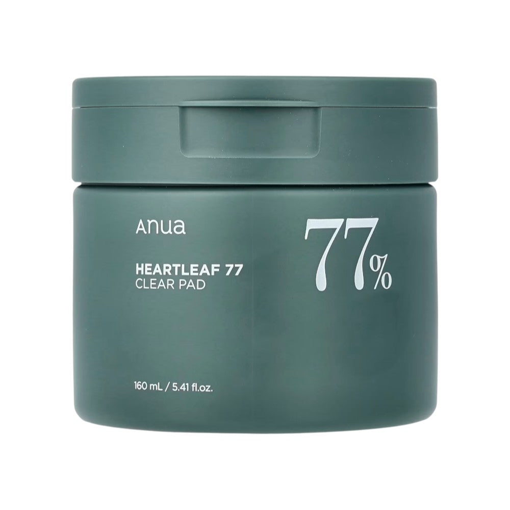 Skin TOGO Anua Heartleaf 77% Clear Pad toner pads in a dark green jar for soothing and exfoliating sensitive skin.