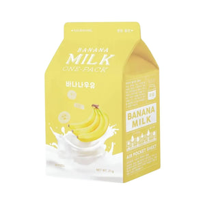 Skin TOGO A'pieu Milk One Pack banana sheet mask in yellow carton-shaped packaging with milk and banana graphics.