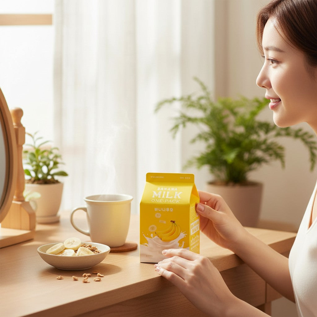 Skin TOGO A'pieu Banana Milk One Pack sheet mask held by a woman at a wooden table with a bowl of banana slices.