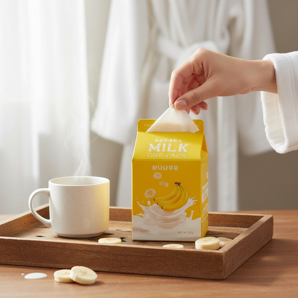 Skin TOGO A'pieu Milk One Pack banana sheet mask being pulled from its yellow carton on a wooden breakfast tray.