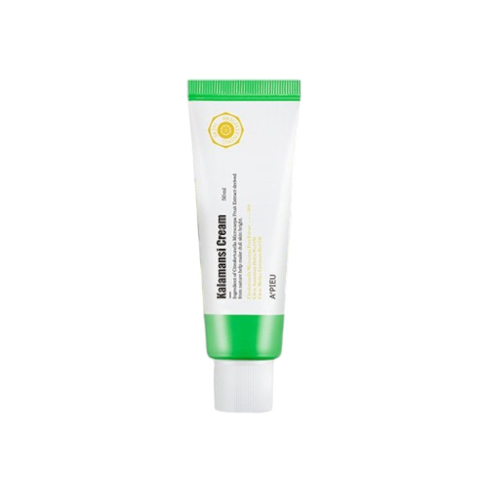Skin TOGO A'pieu Kalamansi Cream in a white tube with green accents, surrounded by fresh calamansi citrus fruits.