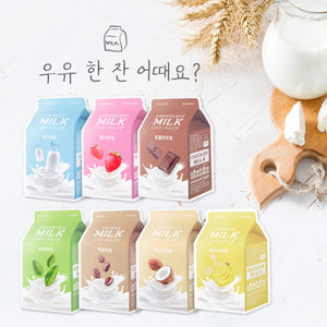 Skin TOGO A'pieu Milk One Pack sheet mask collection featuring various fruit and milk flavors in carton packaging.