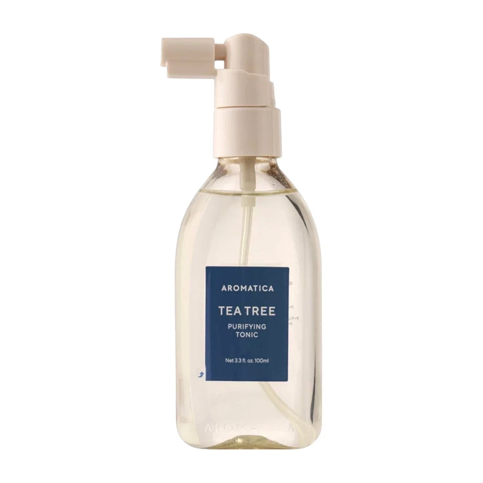 Skin TOGO Aromatica Tea Tree Purifying Tonic in a 100ml clear spray bottle for oily scalp care.