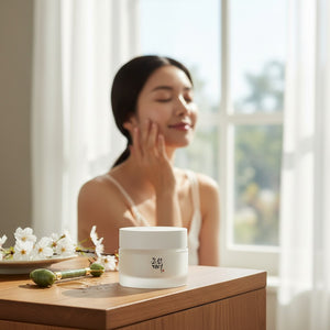 Skin TOGO Beauty of Joseon Dynasty Cream jar on a wooden table with a jade roller and cherry blossoms, woman behind
