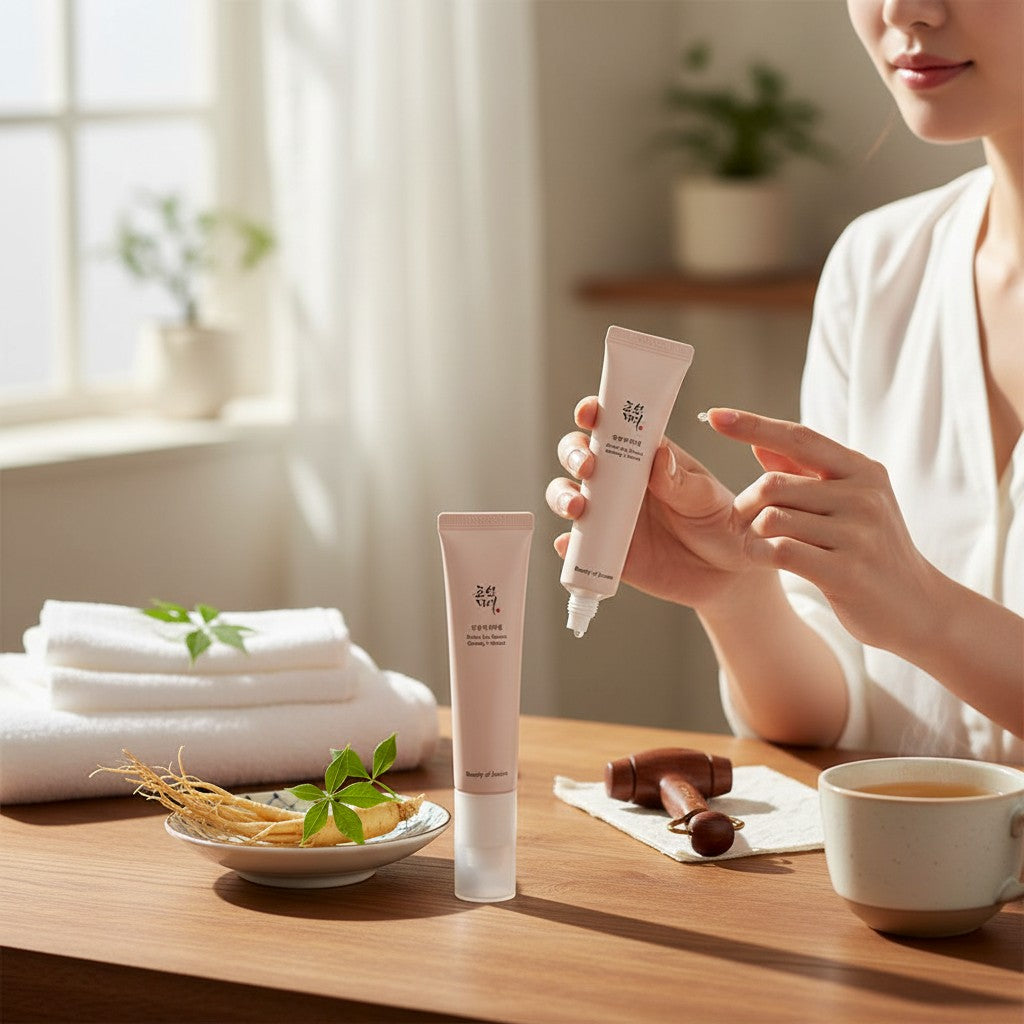 Skin TOGO Beauty of Joseon Revive Eye Serum with ginseng and retinal in a beige tube held by a woman in a bright room.