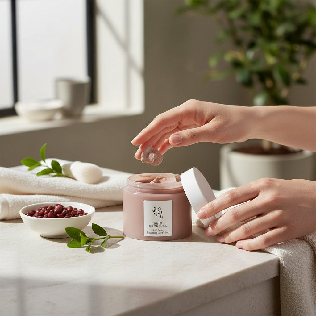 Skin TOGO Beauty of Joseon Red Bean Refreshing Pore Mask in a jar with a hand applying the creamy clay texture