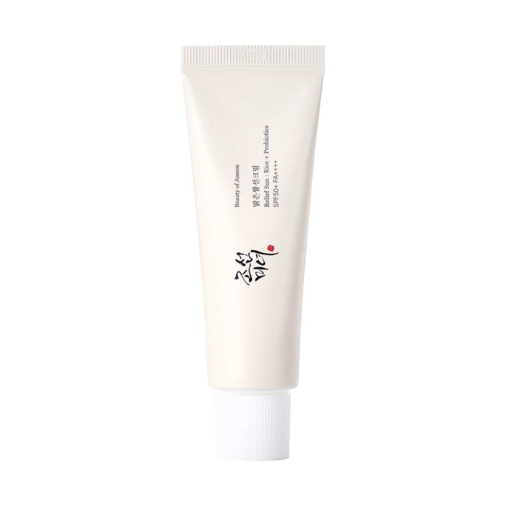 Skin TOGO Beauty of Joseon Relief Sun Rice + Probiotics SPF50+ PA++++ sunscreen tube in a minimalist beige design.