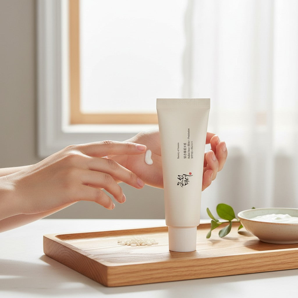 Skin TOGO Beauty of Joseon Relief Sun Rice and Probiotics SPF50+ sunscreen tube with cream texture on hand