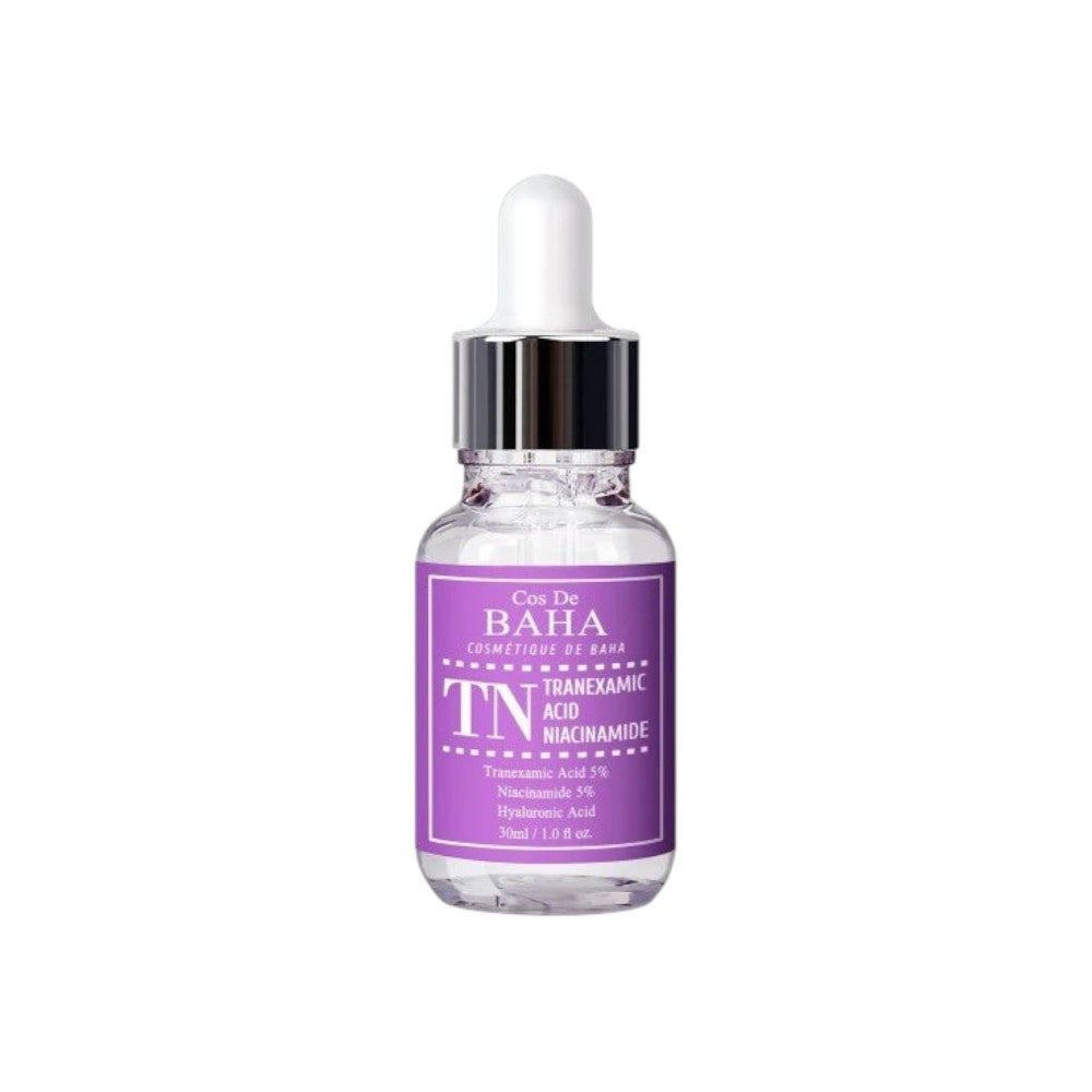Skin TOGO Cos De BAHA TN Tranexamic Acid Niacinamide serum in a 30ml glass dropper bottle with a purple label.