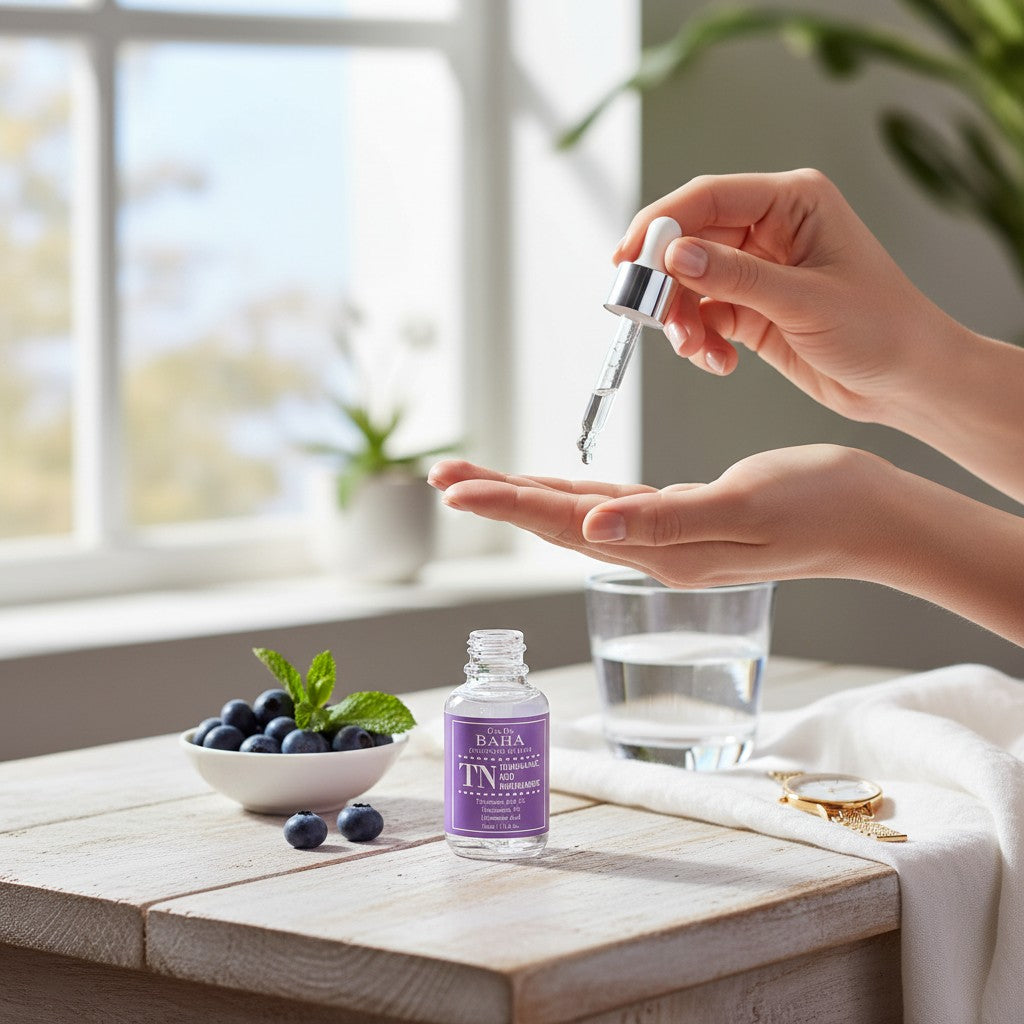 Skin TOGO Cos De BAHA TN Tranexamic Acid Niacinamide serum bottle with dropper being applied to hand
