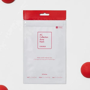 Skin TOGO Cosrx AC Collection hydrocolloid acne patches in a white resealable pouch with red accents and 26 patches.