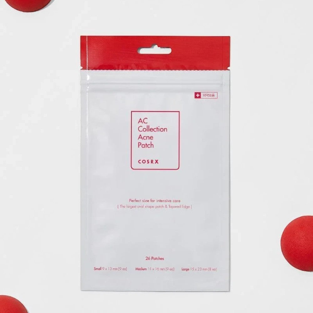 Skin TOGO Cosrx AC Collection hydrocolloid acne patches in a white resealable pouch with red accents and 26 patches.