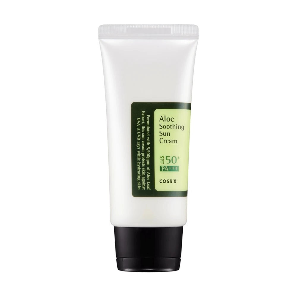 Skin TOGO Cosrx Aloe Soothing Sun Cream SPF50 PA+++ in a white 50ml squeeze tube with a black cap.