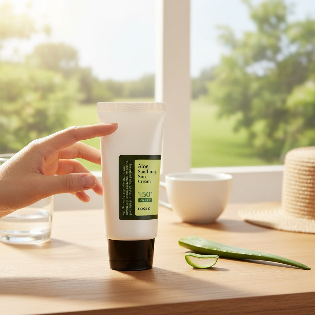 Skin TOGO Cosrx Aloe Soothing Sun Cream SPF50 PA+++ in a white tube on a wooden table with aloe vera slices.