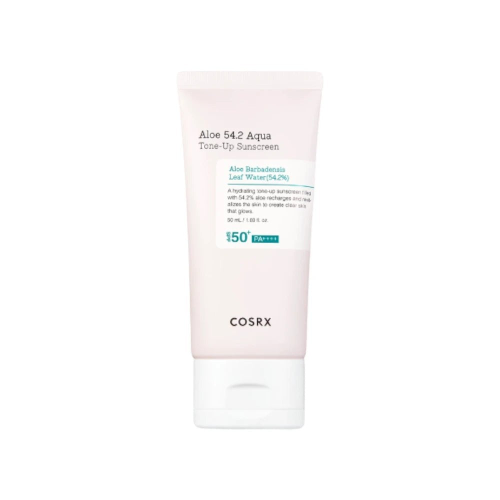 Skin TOGO COSRX Aloe 54.2 Aqua Tone-Up Sunscreen in a pale pink 50ml tube with SPF 50+ PA++++ protection.