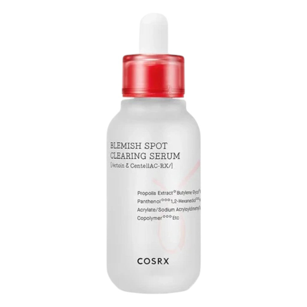 Skin TOGO COSRX Blemish Spot Clearing Serum in a frosted glass bottle with a red dropper cap for acne-prone skin.