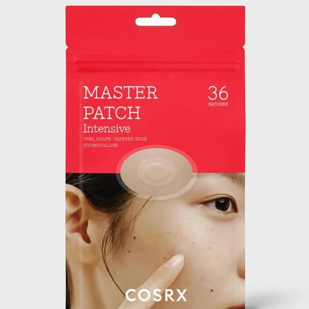 Skin TOGO Cosrx Master Patch Intensive hydrocolloid acne patches in red packaging with a model applying a patch.