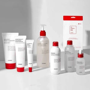 Skin TOGO collection of COSRX skincare products including cleansers, creams, and serums with red and white packaging.