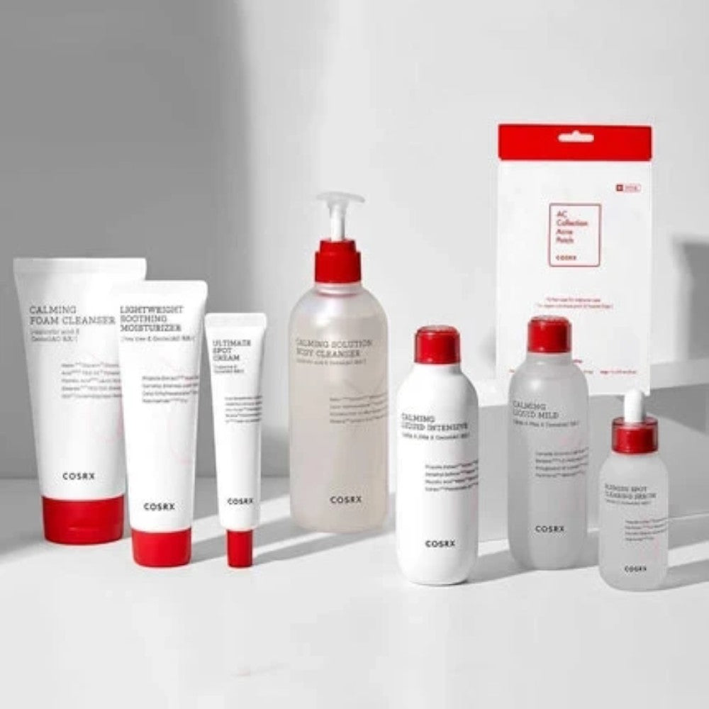 Skin TOGO collection of COSRX skincare products including cleansers, creams, and serums with red and white packaging.