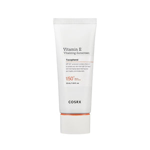 Skin TOGO COSRX Vitamin E Vitalizing Sunscreen SPF 50+ in a white 50ml tube with orange accents.