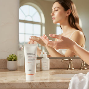 Skin TOGO COSRX Vitamin E Vitalizing Sunscreen SPF 50+ in a white tube on a bathroom vanity with a woman in background