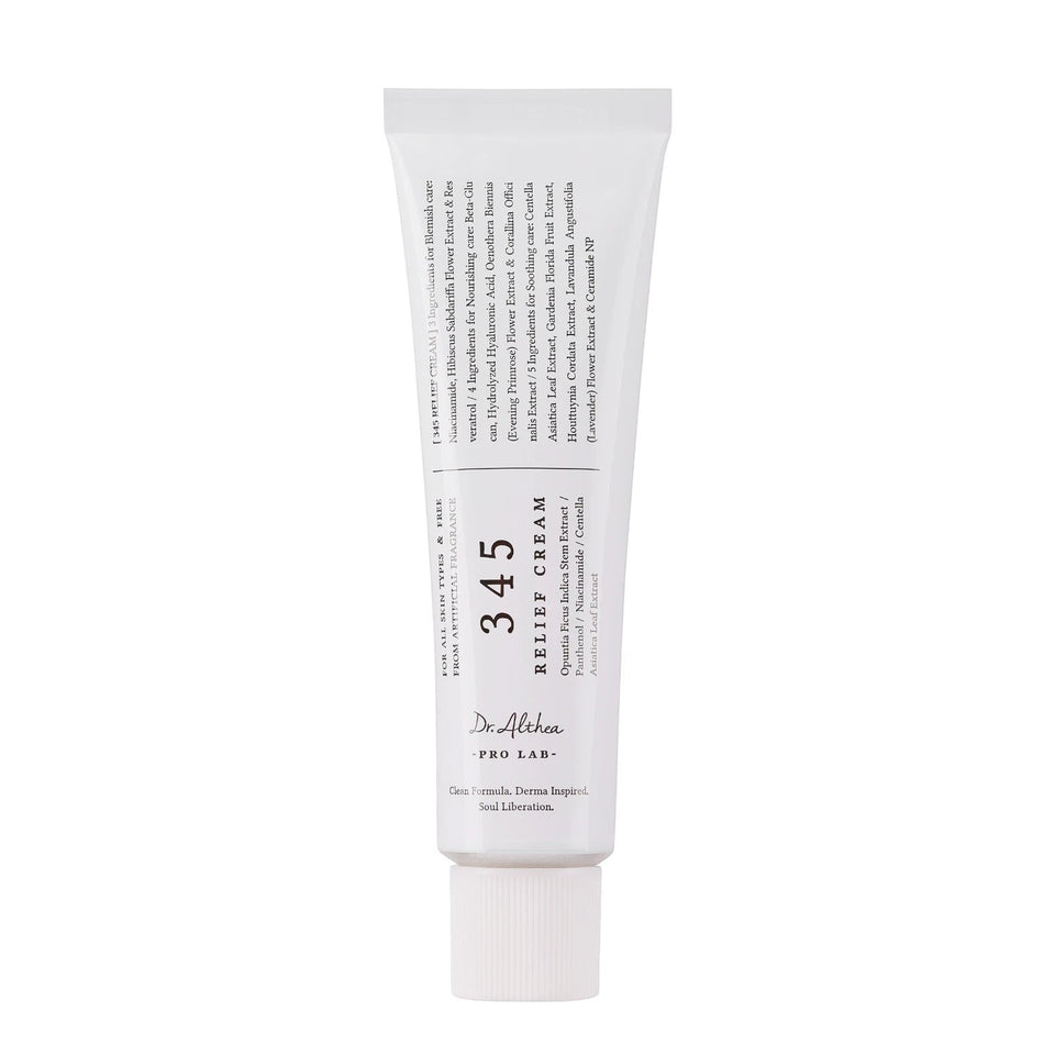 Skin TOGO Dr.Althea 345 Relief Cream in a white 50ml tube for soothing and repairing sensitive skin.