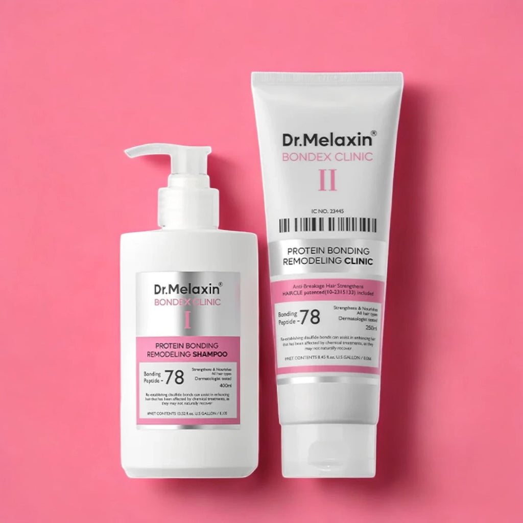 Skin TOGO Dr.Melaxin Bondex Protein Bonding Remodeling Clinic shampoo and conditioner set on a pink background.