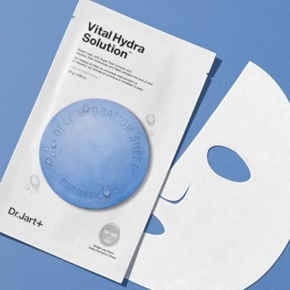 Skin TOGO Dr.Jart Vital Hydra Solution sheet mask with blue circular graphic on white packaging and cellulose mask