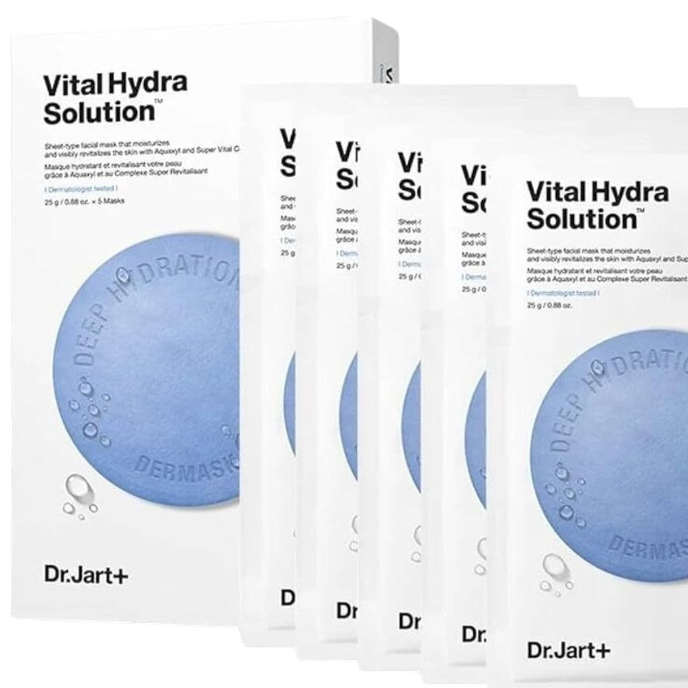 Skin TOGO Dr.Jart Vital Hydra Solution sheet masks in white packaging with blue circular hydration graphics.