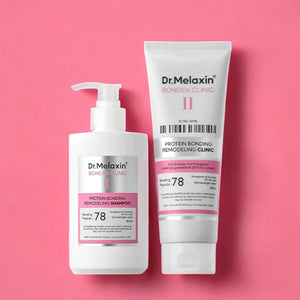 Skin TOGO Dr.Melaxin Bondex protein bonding remodeling shampoo and clinic treatment bottles on a pink background.