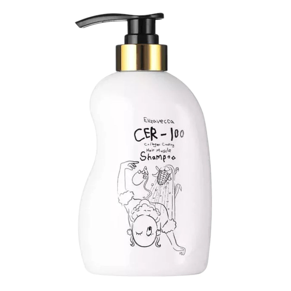 Skin TOGO Elizavecca CER-100 Collagen Coating Hair A+ Muscle Shampoo in a white 500ml bottle with a black pump.