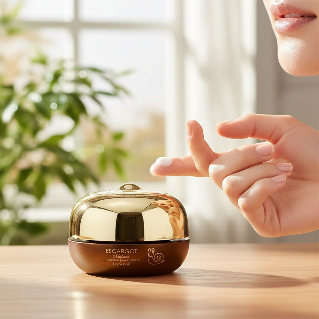 Skin TOGO Farmstay Escargot Noblesse Intensive Eye Cream in a brown jar with a gold lid, held by a woman's hand.