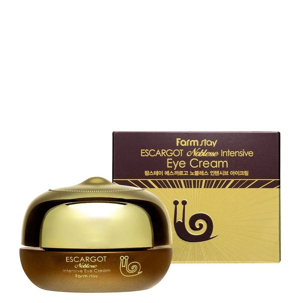 Skin TOGO Farmstay Escargot Noblesse Intensive Eye Cream in a gold and brown jar with matching product box.