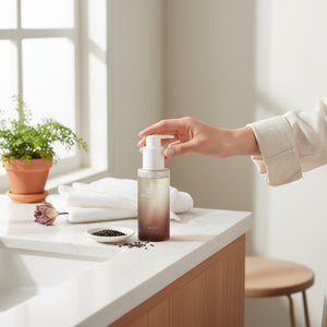 Skin TOGO Haruharu WONDER Black Rice Deep Cleansing Oil bottle on a bathroom counter with a hand pressing the pump.