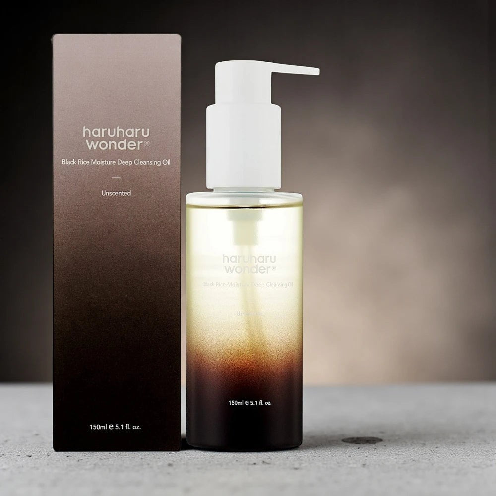 Skin TOGO Haruharu WONDER Black Rice Deep Cleansing Oil bottle and box with a gradient brown and clear design.