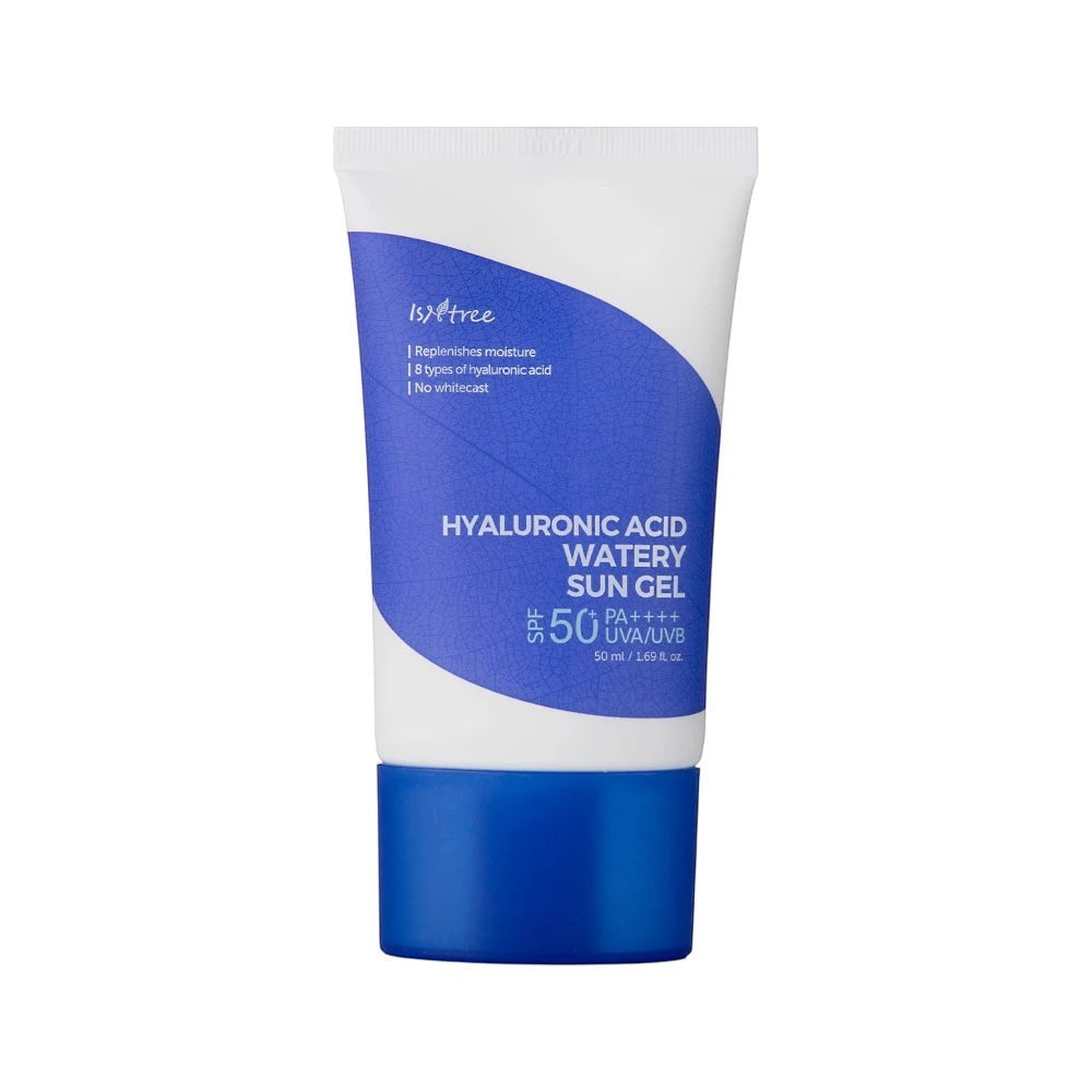 Skin TOGO Isntree Hyaluronic Acid Watery Sun Gel SPF 50+ PA++++ in a white and blue 50ml squeeze tube.