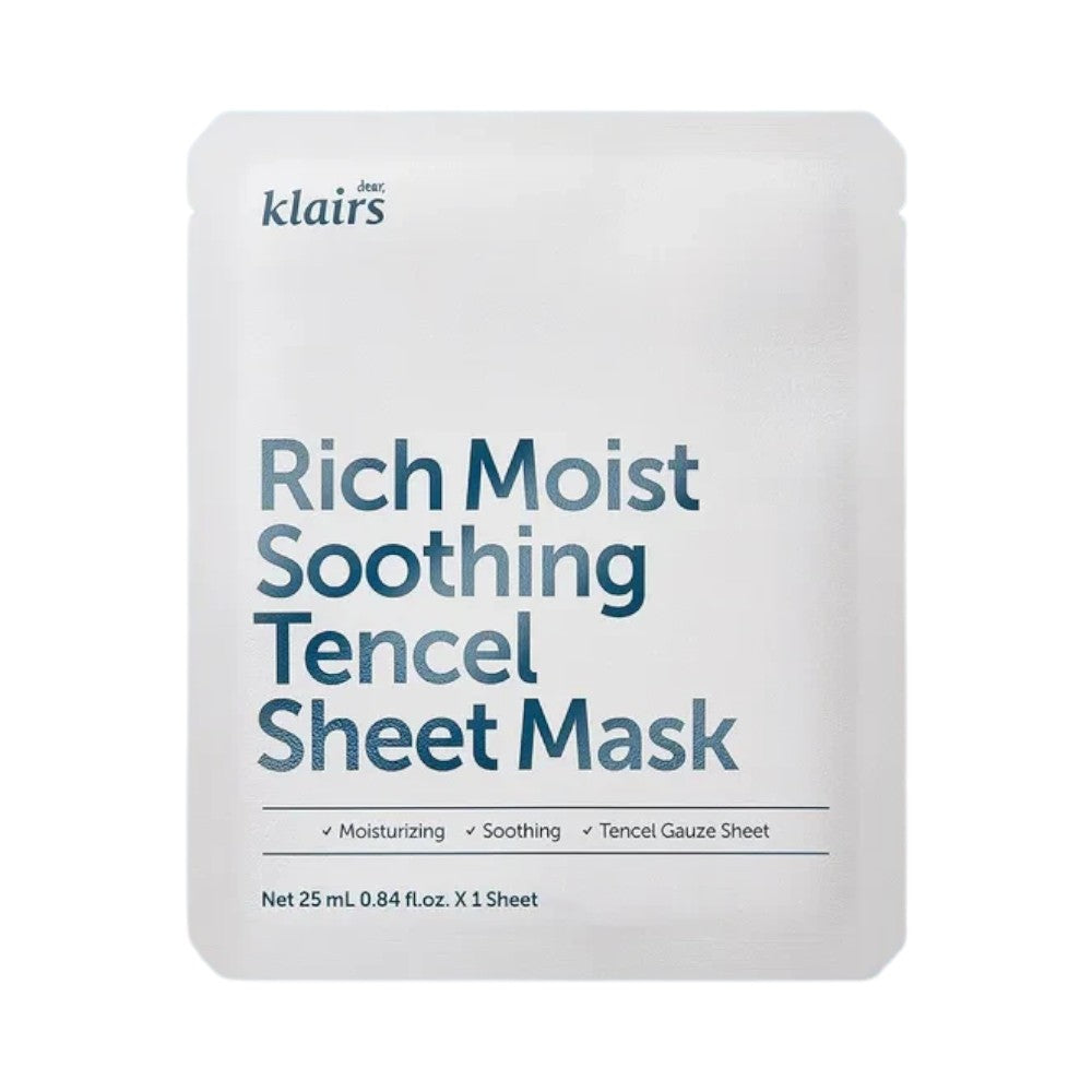 Skin TOGO Dear, Klairs Rich Moist Soothing Tencel Sheet Mask in white packaging for sensitive, dry skin.