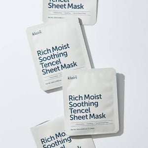 Skin TOGO Dear, Klairs Rich Moist Soothing Tencel Sheet Mask packets for sensitive and dry skin hydration.